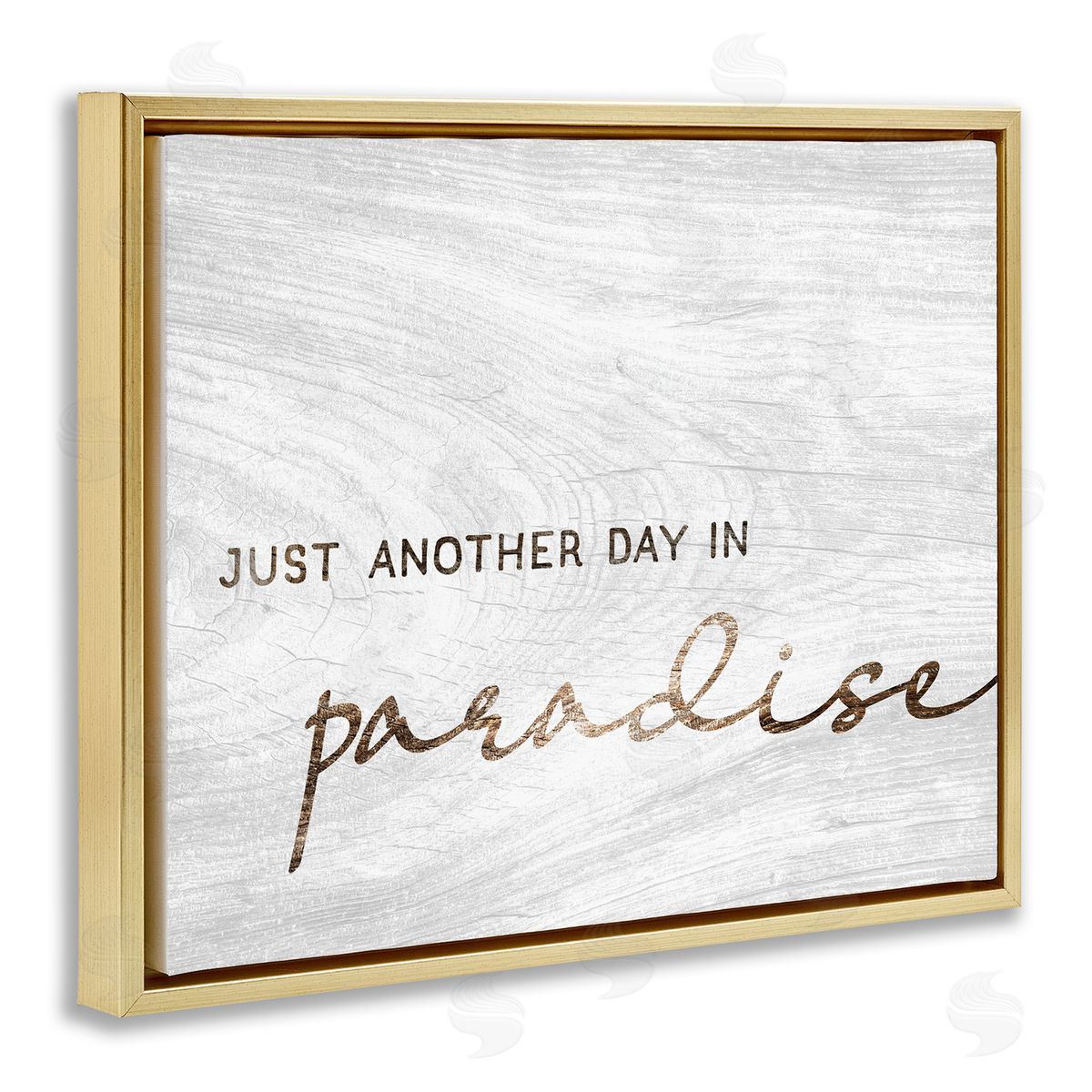 Stupell Studio Paradise Phrase Glam Cursive White Grain Pattern  Gold Floating Frame Canvas Wall Art Print