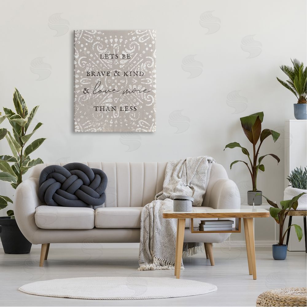 Stupell Studio Love More Than Less Boho Pattern Typography Phrase Canvas Wall Art Print in Room