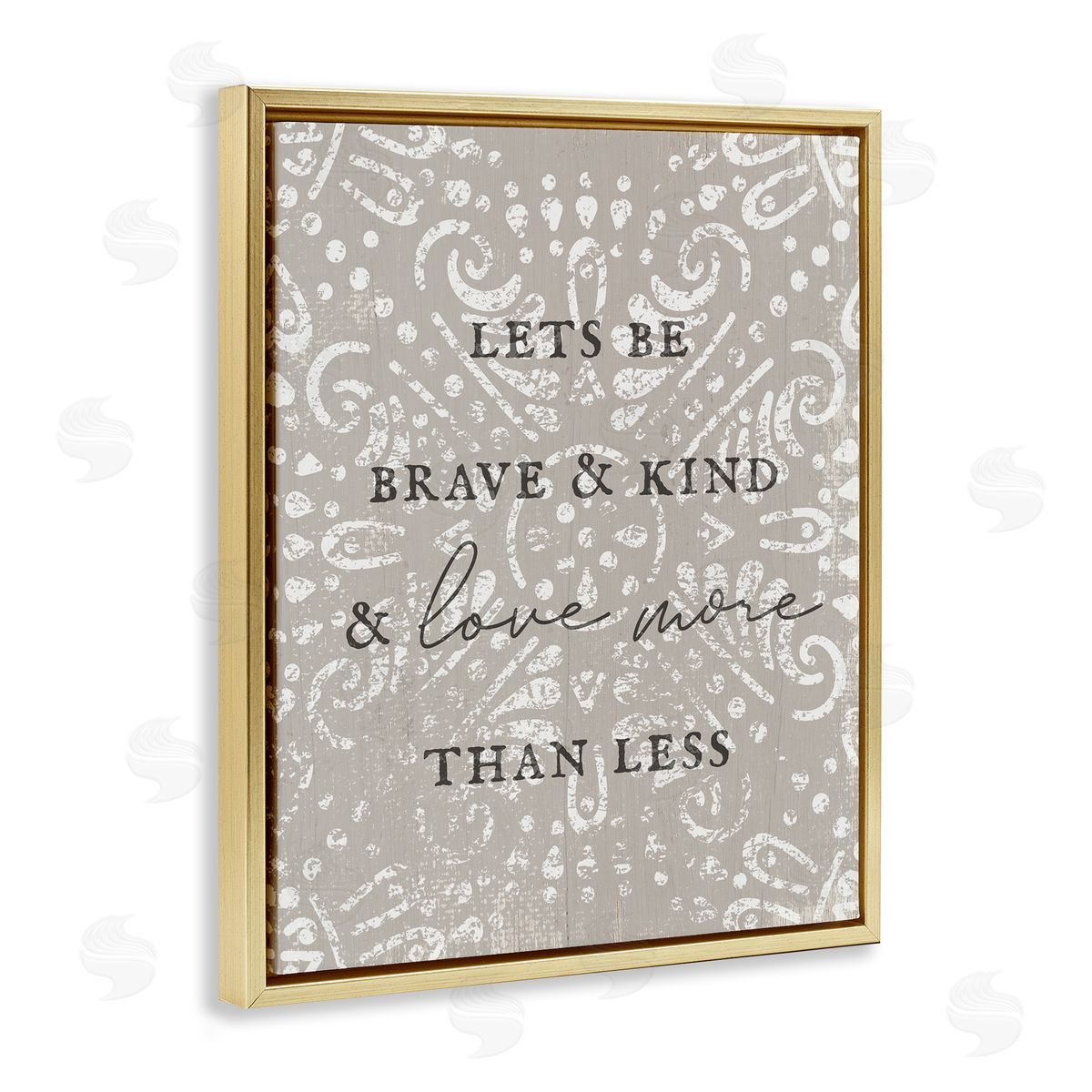 Stupell Studio Love More Than Less Boho Pattern Typography Phrase Gold Floating Frame Canvas Wall Art Print