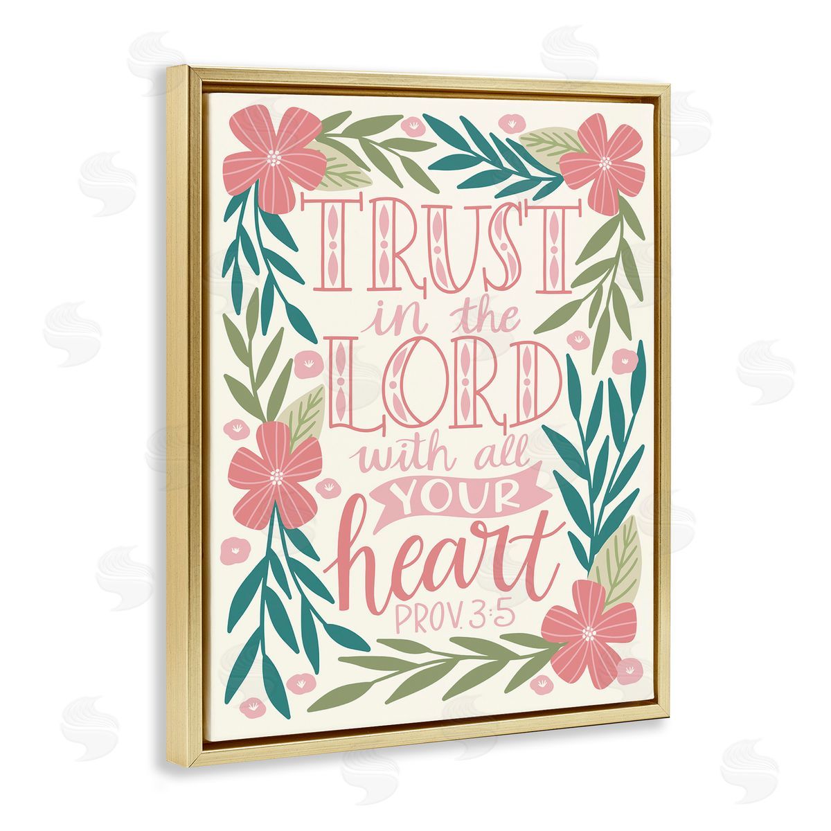 Taylor Shannons Trust The Lord Religious Proverb Floral Leaves   Gold Floating Frame Canvas Wall Art Print