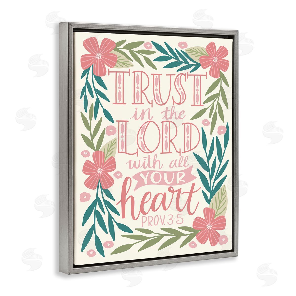 Taylor Shannons Trust The Lord Religious Proverb Floral Leaves   Gray Floating Frame Canvas Wall Art Print