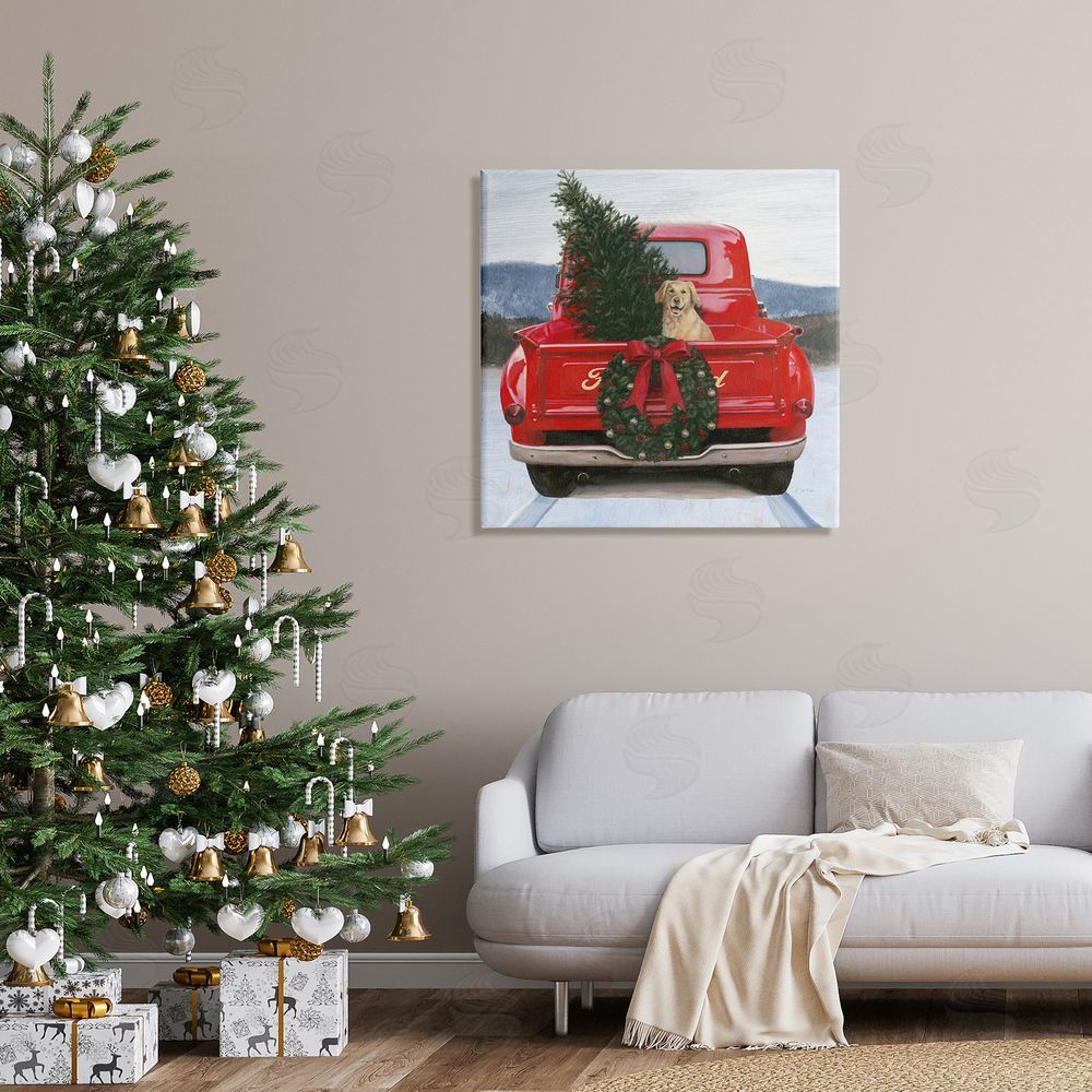 James Wiens Christmas Tree & Dog Red Truck Driving Snowy Scene Canvas Wall Art in Room