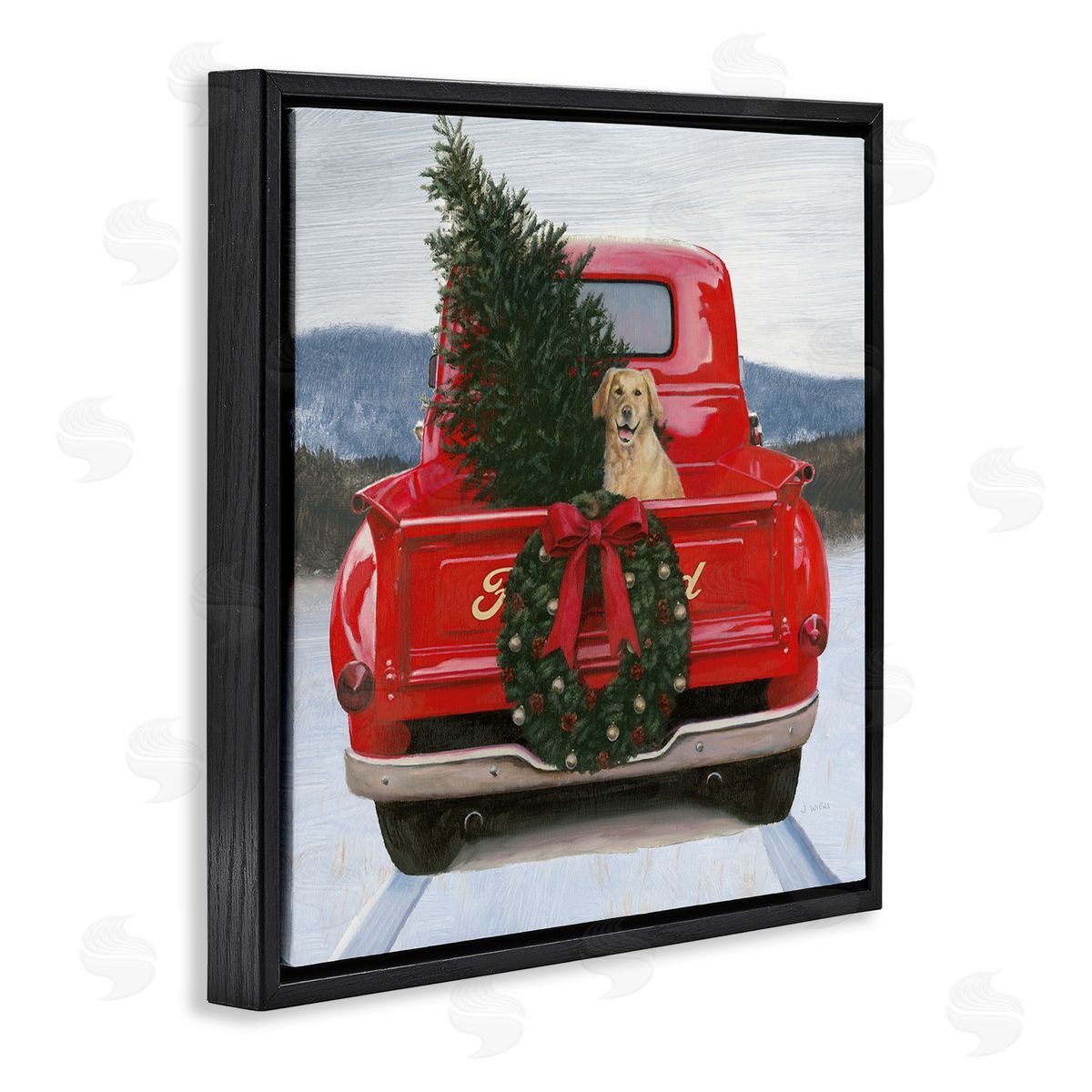 James Wiens Christmas Tree & Dog Red Truck Driving Snowy Scene Black Floating Frame Canvas Wall Art Print