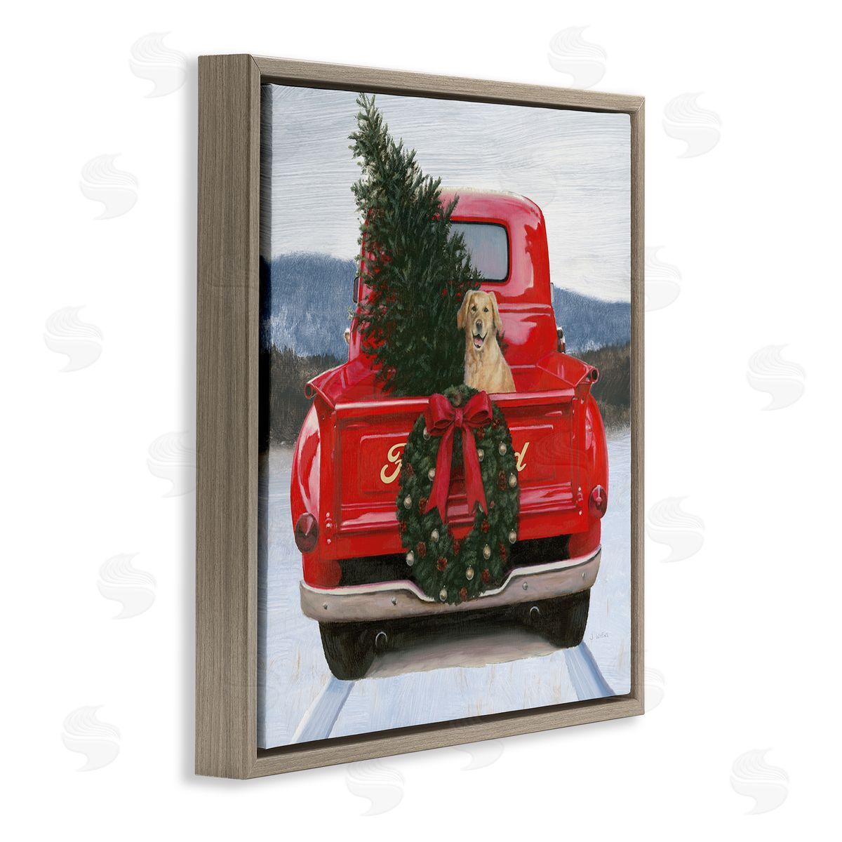 James Wiens Christmas Tree & Dog Red Truck Driving Snowy Scene Brown Floating Frame Canvas Wall Art Print