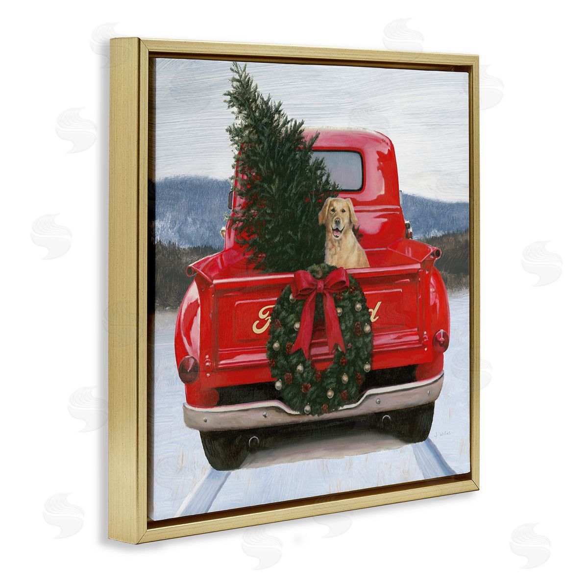 James Wiens Christmas Tree & Dog Red Truck Driving Snowy Scene Gold Floating Frame Canvas Wall Art Print
