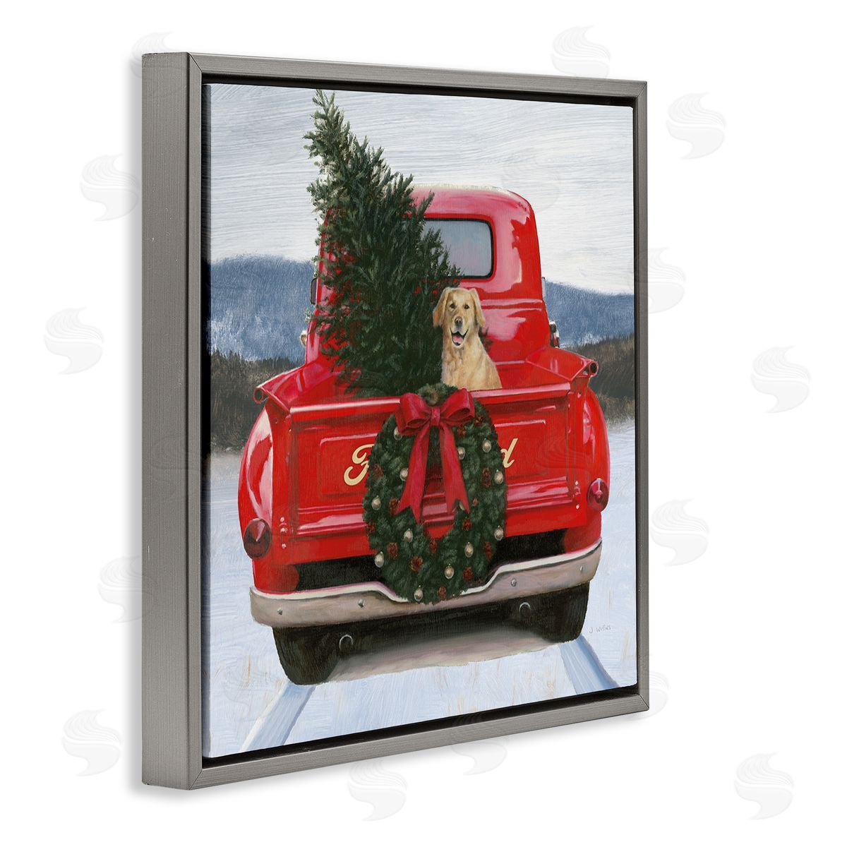 James Wiens Christmas Tree & Dog Red Truck Driving Snowy Scene Gray Floating Frame Canvas Wall Art Print