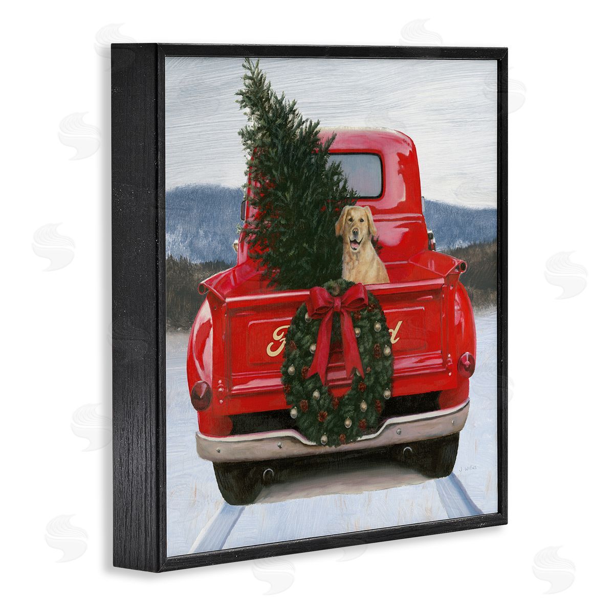 James Wiens Christmas Tree & Dog Red Truck Driving Snowy Scene Black Framed Glicee Wall Art Print