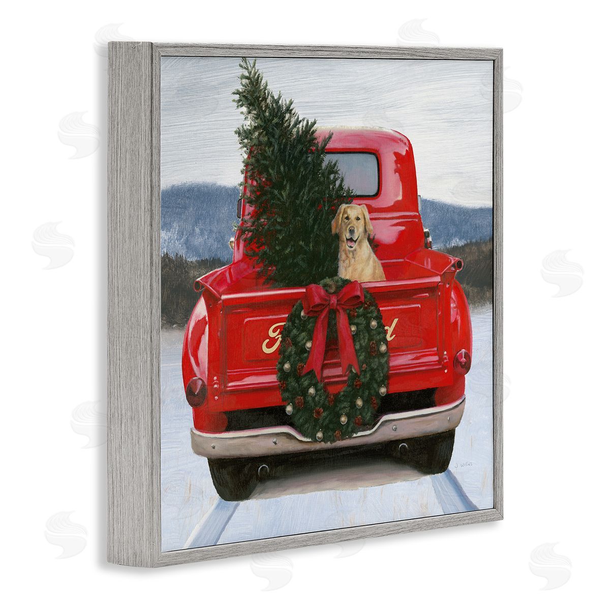 James Wiens Christmas Tree & Dog Red Truck Driving Snowy Scene Gray Framed Glicee Wall Art Print