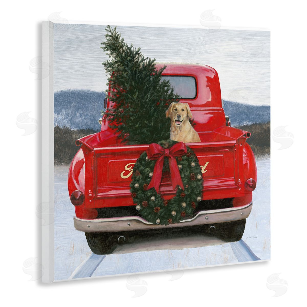James Wiens Christmas Tree & Dog Red Truck Driving Snowy Scene Wooden Wall Plaque Art Print