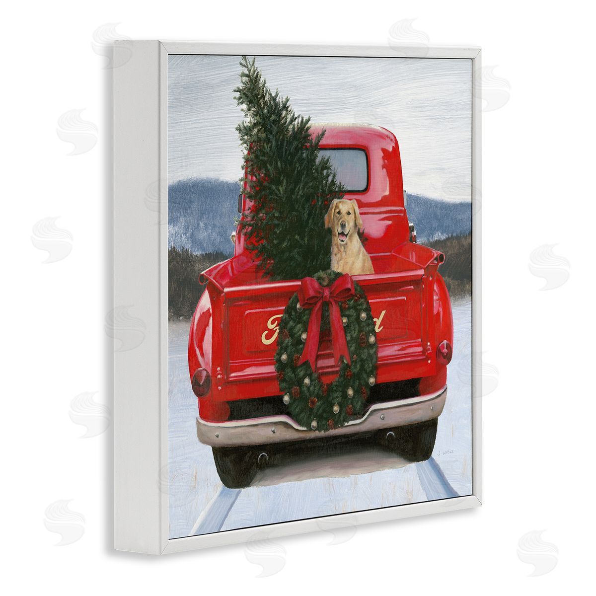 James Wiens Christmas Tree & Dog Red Truck Driving Snowy Scene White Framed Glicee Wall Art Print