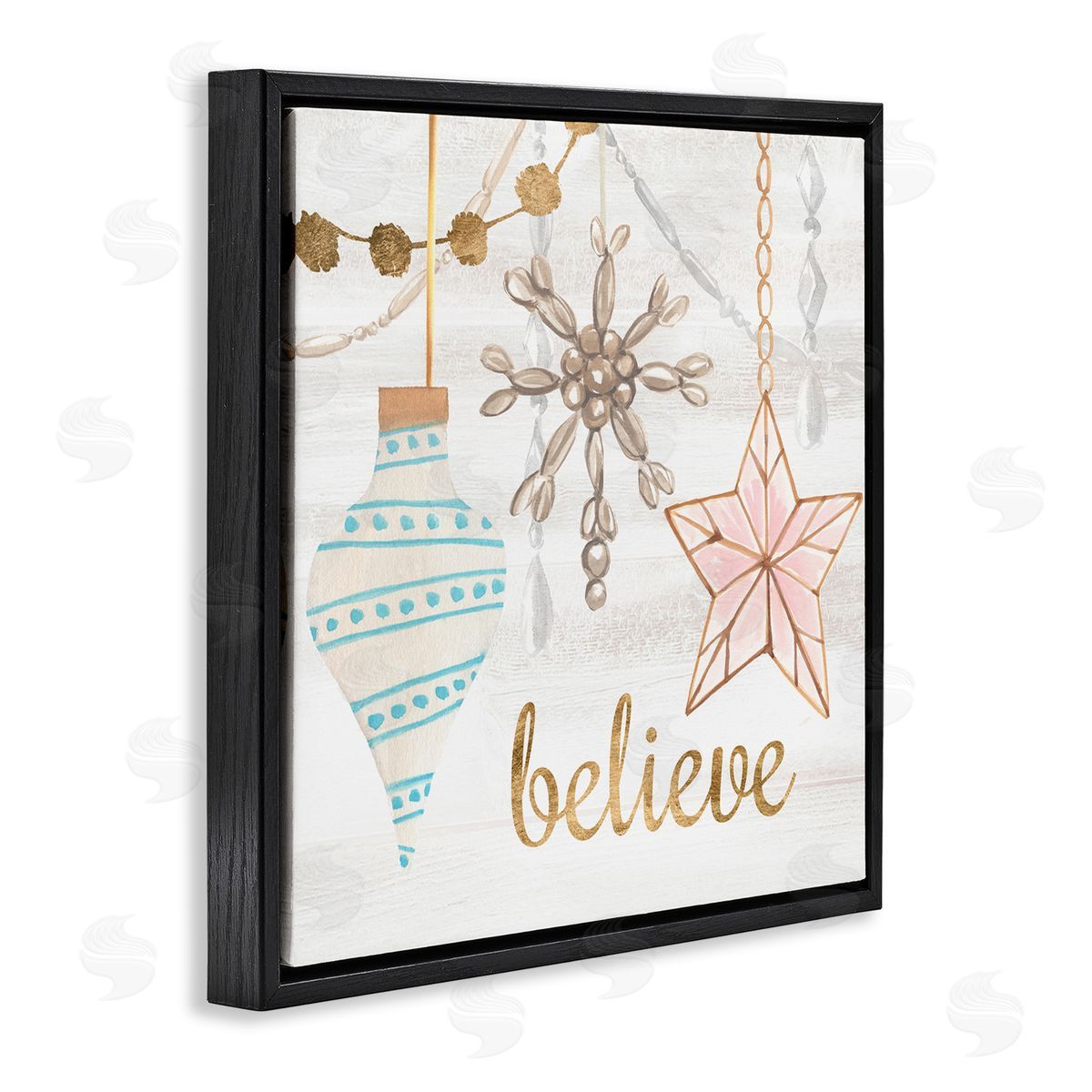 Annie Warren Glimmering Believe Text Holiday Ornaments Star Snowflake Black Floating Frame Canvas Wall Art Print