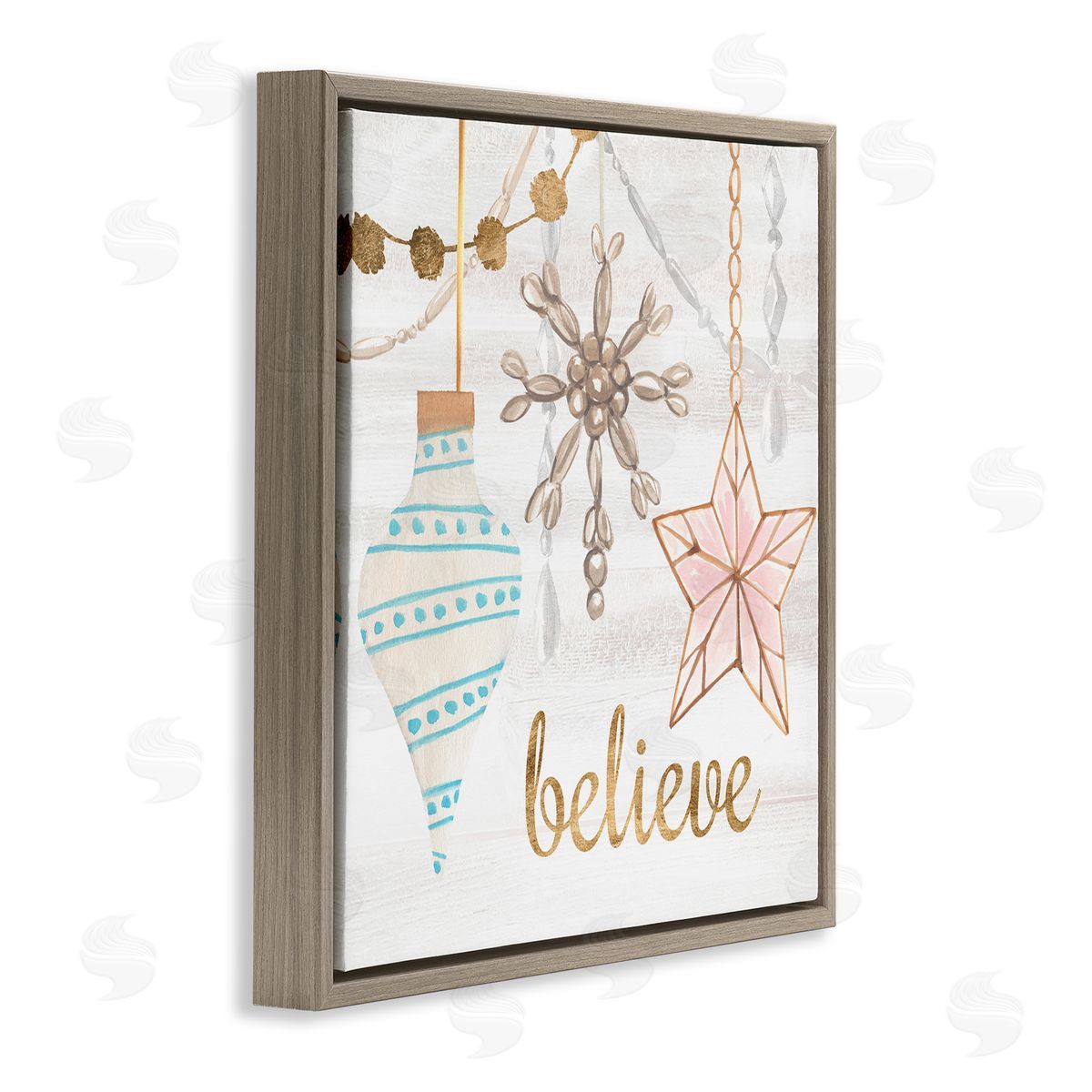 Annie Warren Glimmering Believe Text Holiday Ornaments Star Snowflake Brown Floating Frame Canvas Wall Art Print