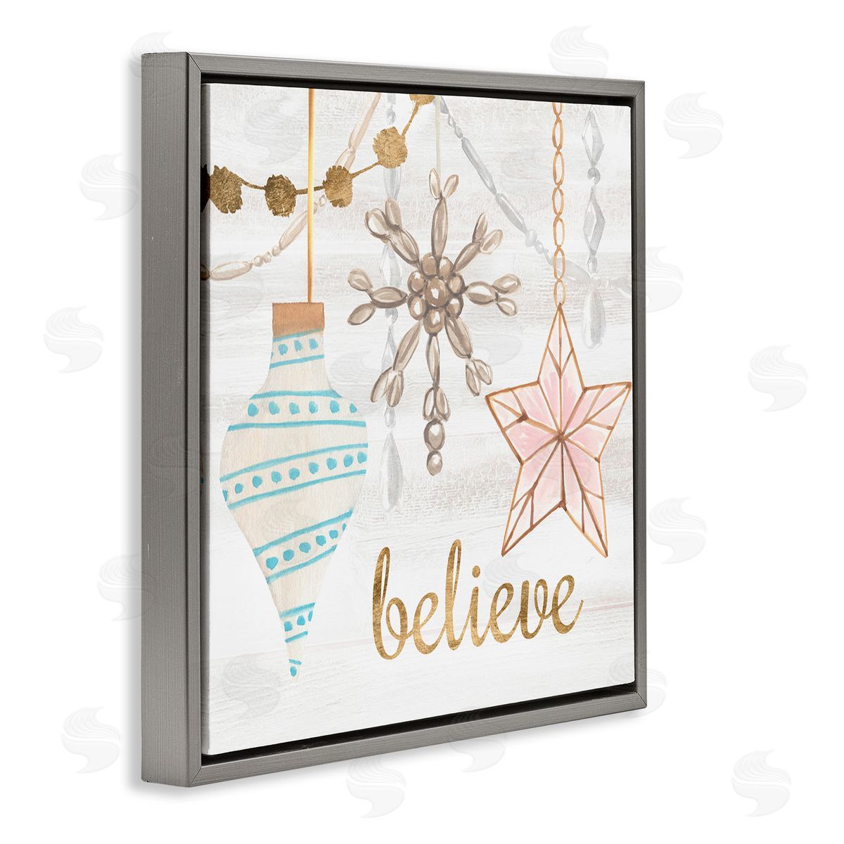 Annie Warren Glimmering Believe Text Holiday Ornaments Star Snowflake Gray Floating Frame Canvas Wall Art Print