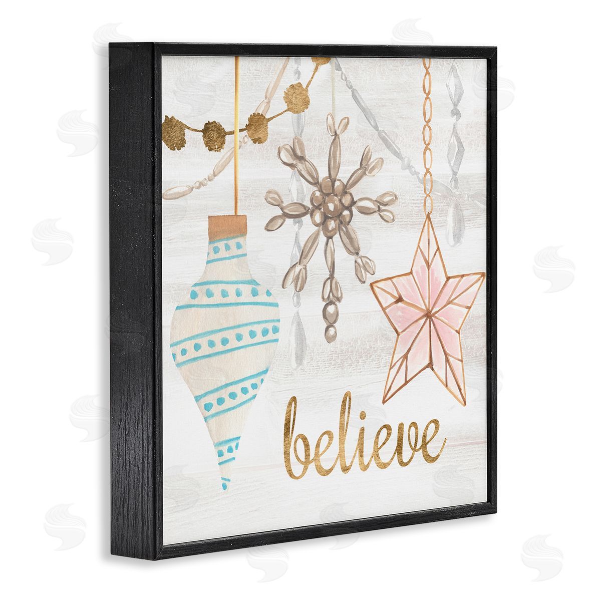 Annie Warren Glimmering Believe Text Holiday Ornaments Star Snowflake Black Framed Glicee Wall Art Print
