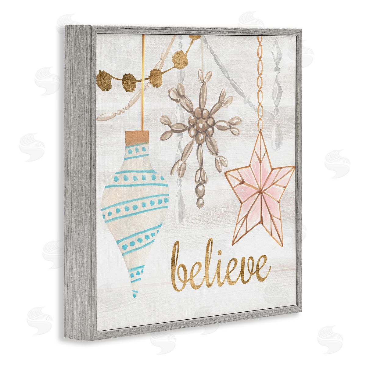 Annie Warren Glimmering Believe Text Holiday Ornaments Star Snowflake Gray Framed Glicee Wall Art Print