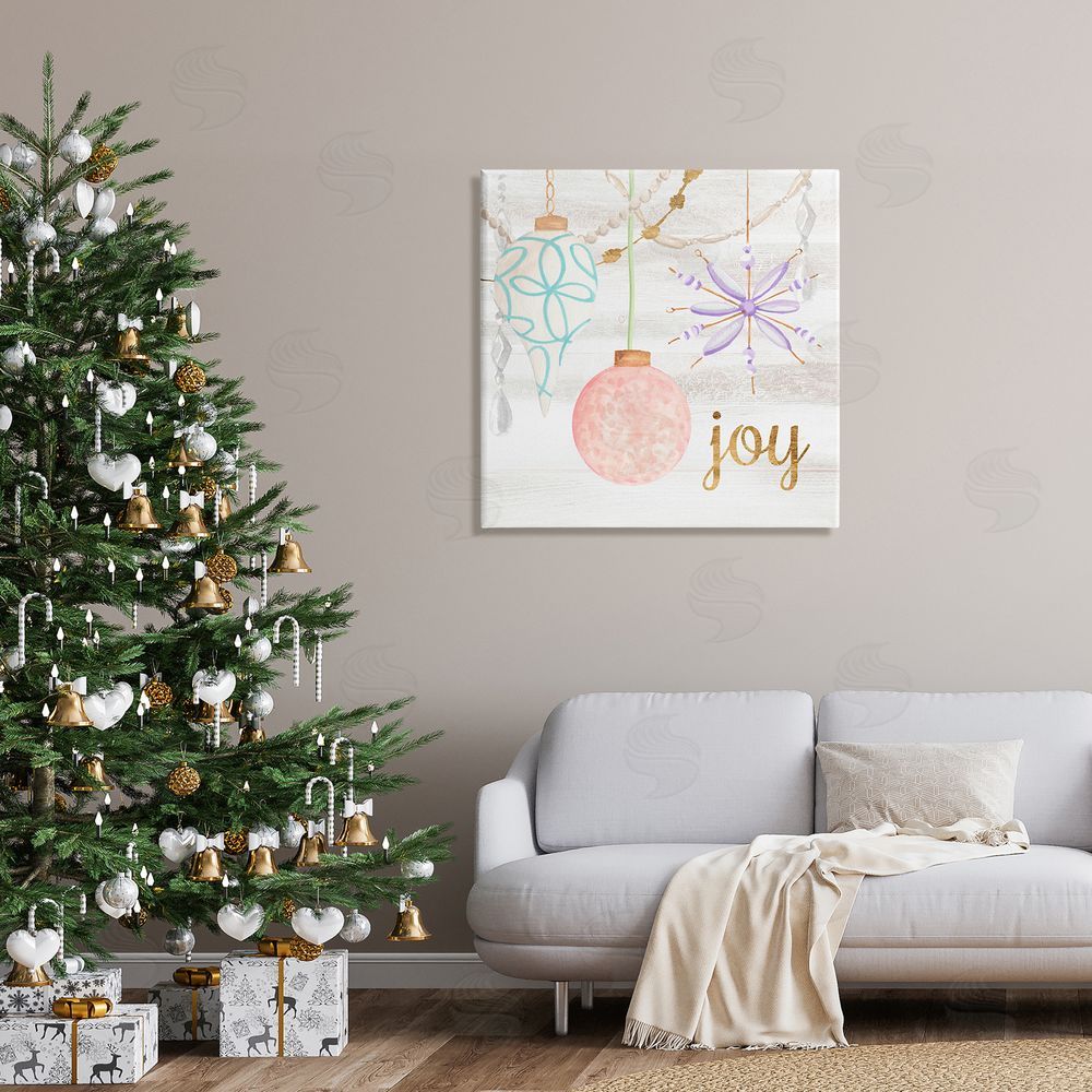 Annie Warren Hanging Holiday Ornaments Festive Joy Glam Text Canvas Wall Art in Room