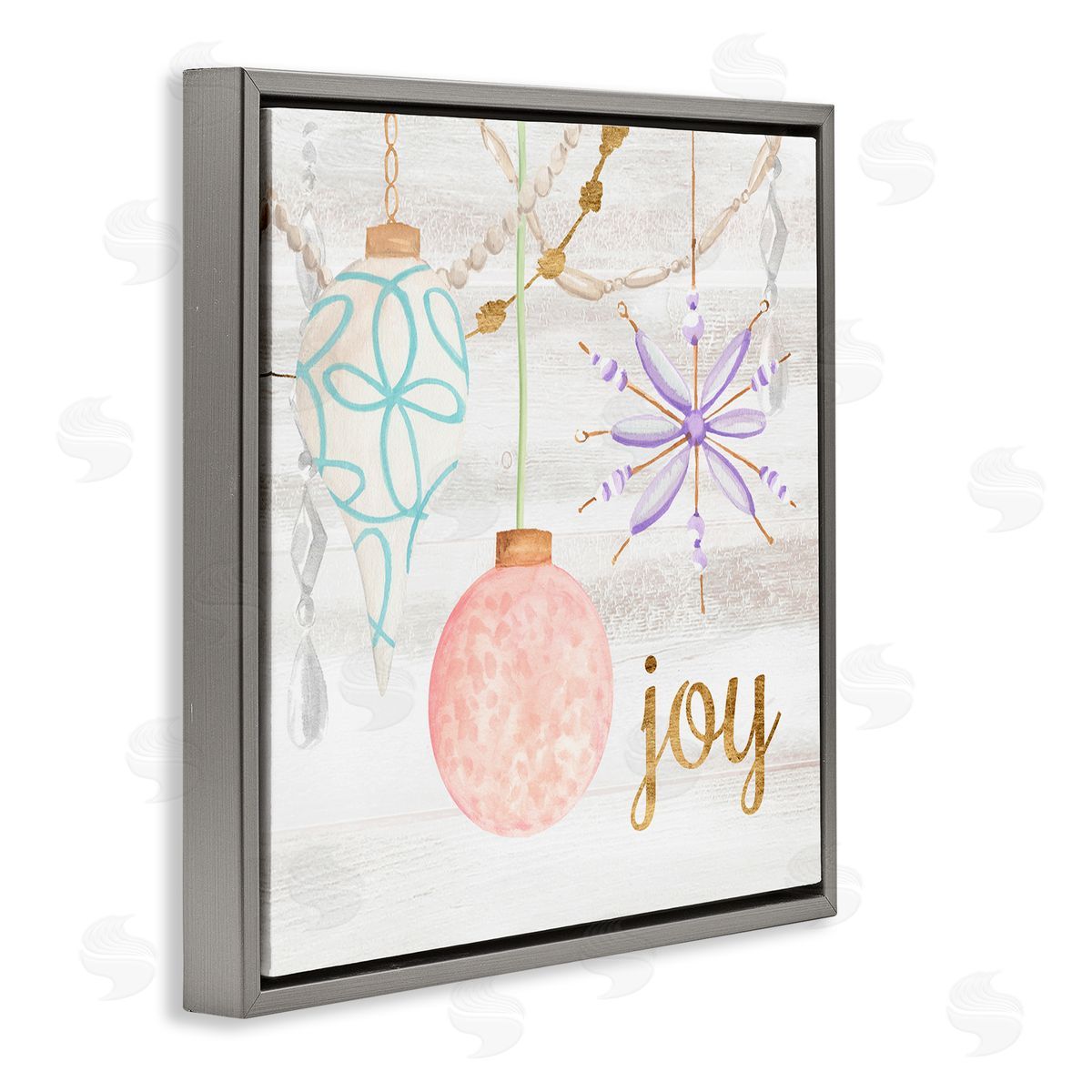 Annie Warren Hanging Holiday Ornaments Festive Joy Glam Text Gray Floating Frame Canvas Wall Art Print