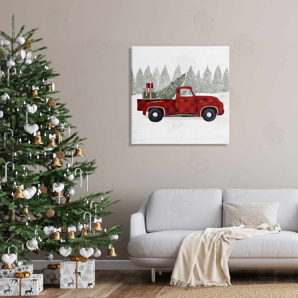 Victoria Borges Red Buffalo Plaid Vintage Truck Christmas Tree Snowfield Canvas Wall Art in Room
