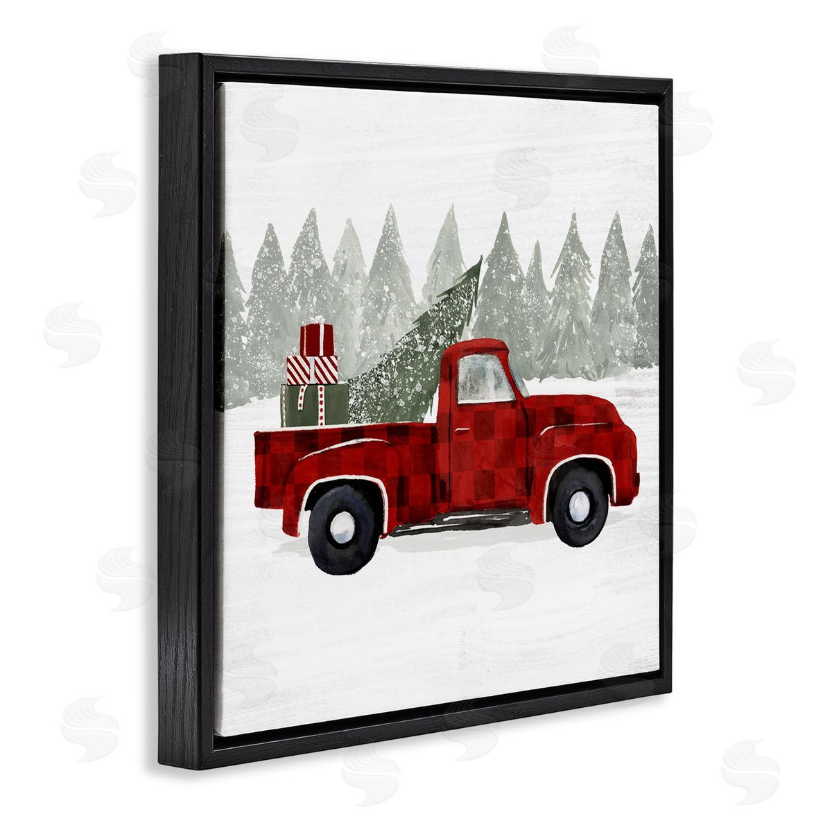 Victoria Borges Red Buffalo Plaid Vintage Truck Christmas Tree Snowfield Black Floating Frame Canvas Wall Art Print