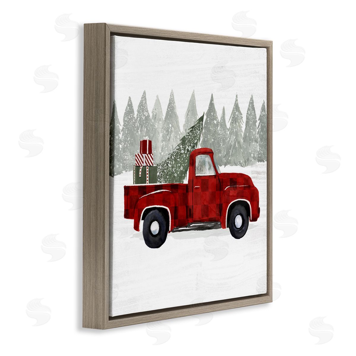 Victoria Borges Red Buffalo Plaid Vintage Truck Christmas Tree Snowfield Brown Floating Frame Canvas Wall Art Print