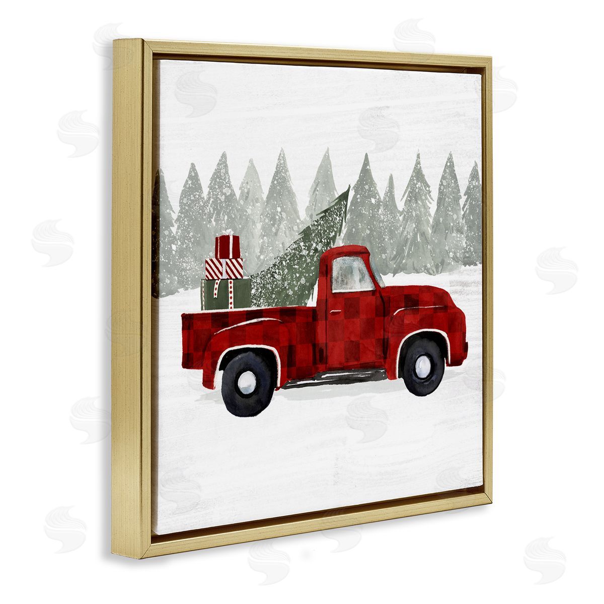 Victoria Borges Red Buffalo Plaid Vintage Truck Christmas Tree Snowfield Gold Floating Frame Canvas Wall Art Print