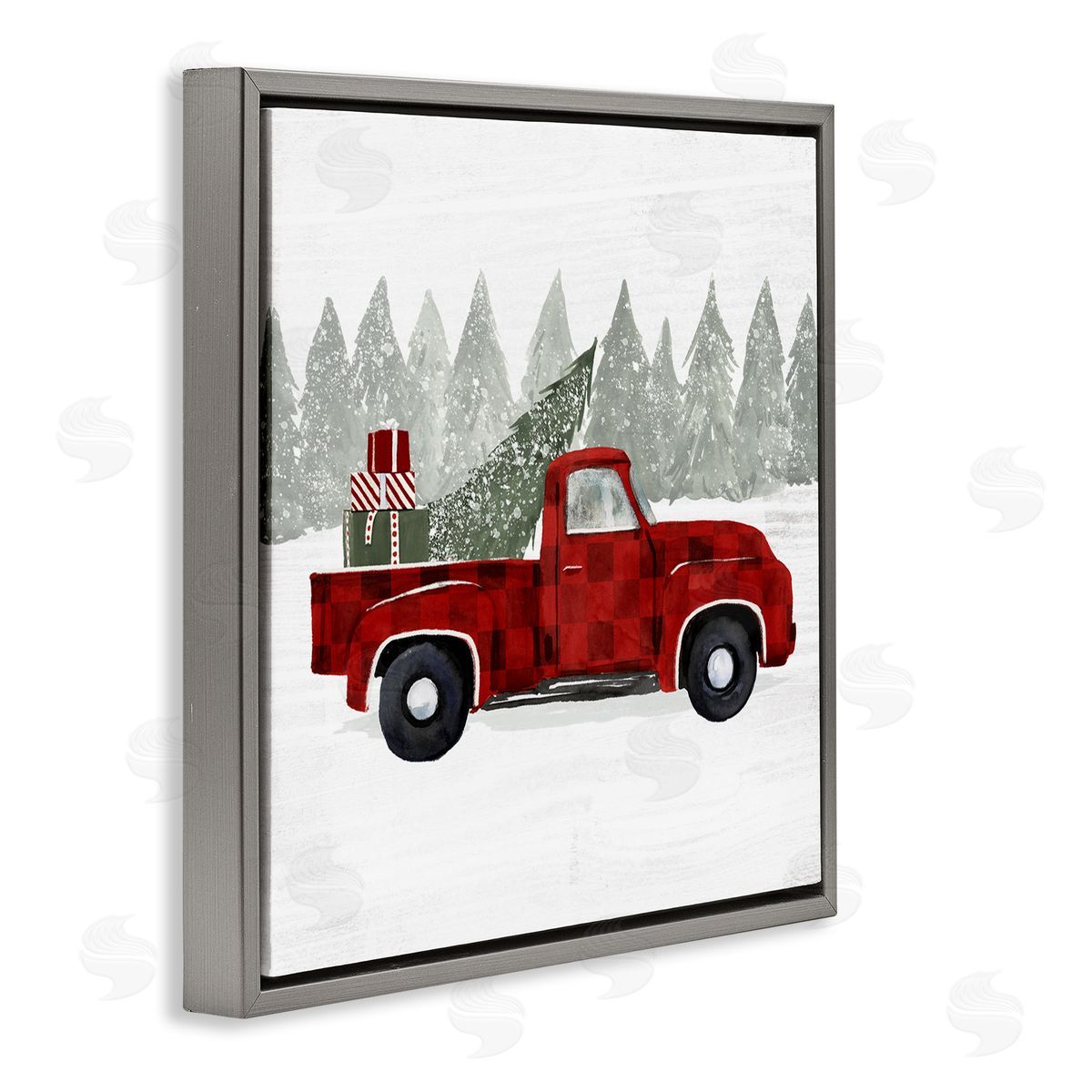 Victoria Borges Red Buffalo Plaid Vintage Truck Christmas Tree Snowfield Gray Floating Frame Canvas Wall Art Print