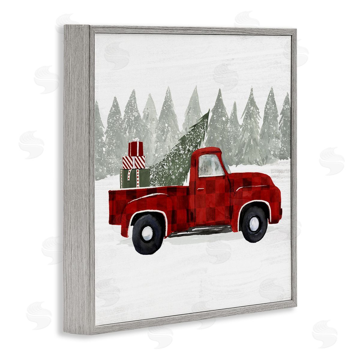 Victoria Borges Red Buffalo Plaid Vintage Truck Christmas Tree Snowfield Gray Framed Glicee Wall Art Print
