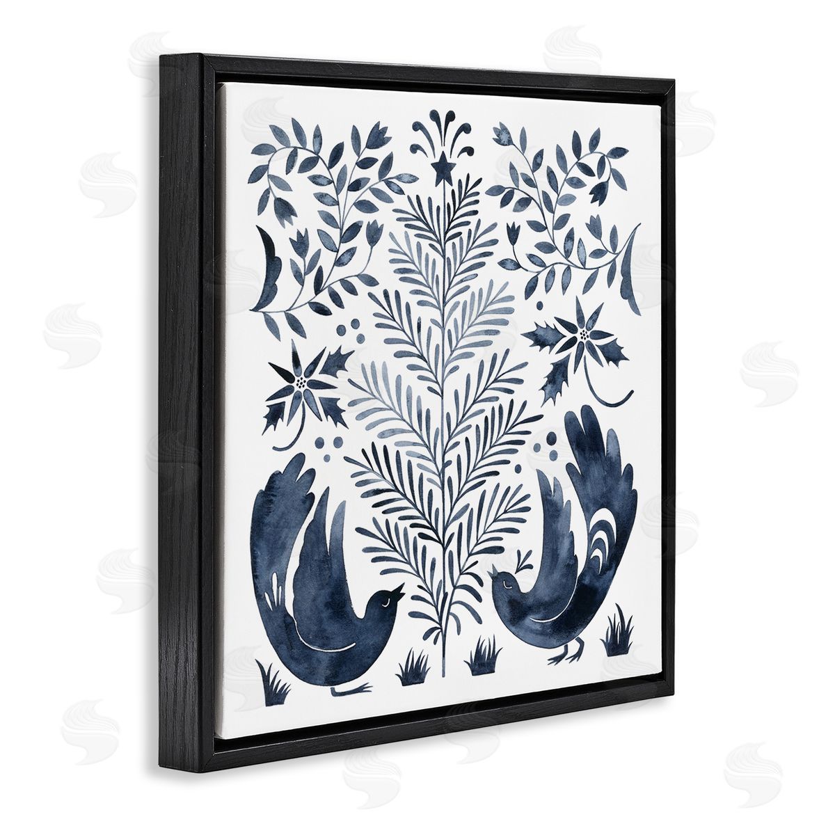Grace Popp Tranquil Blue Birds Botanical Holiday Tree Design  Black Floating Frame Canvas Wall Art Print