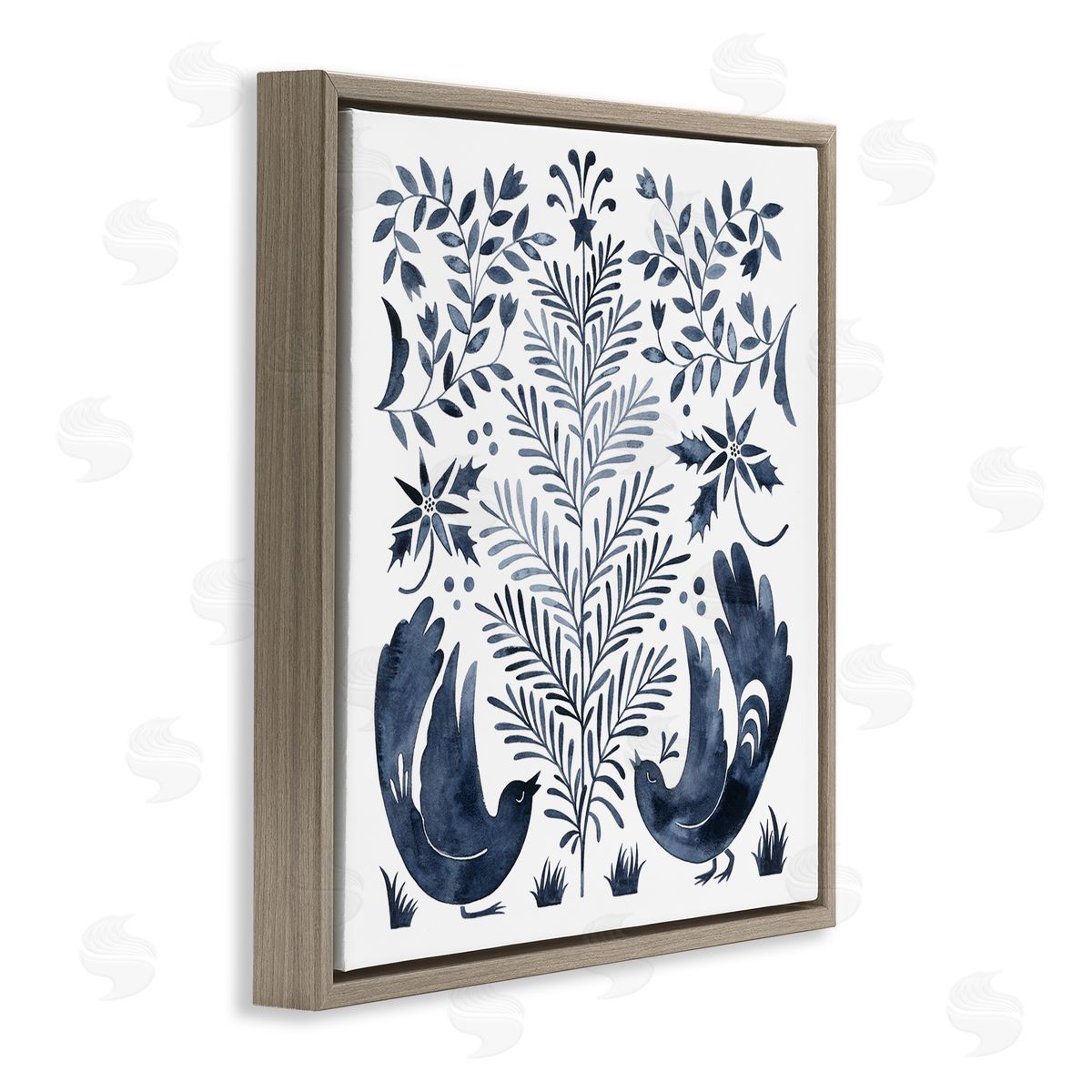 Grace Popp Tranquil Blue Birds Botanical Holiday Tree Design  Brown Floating Frame Canvas Wall Art Print