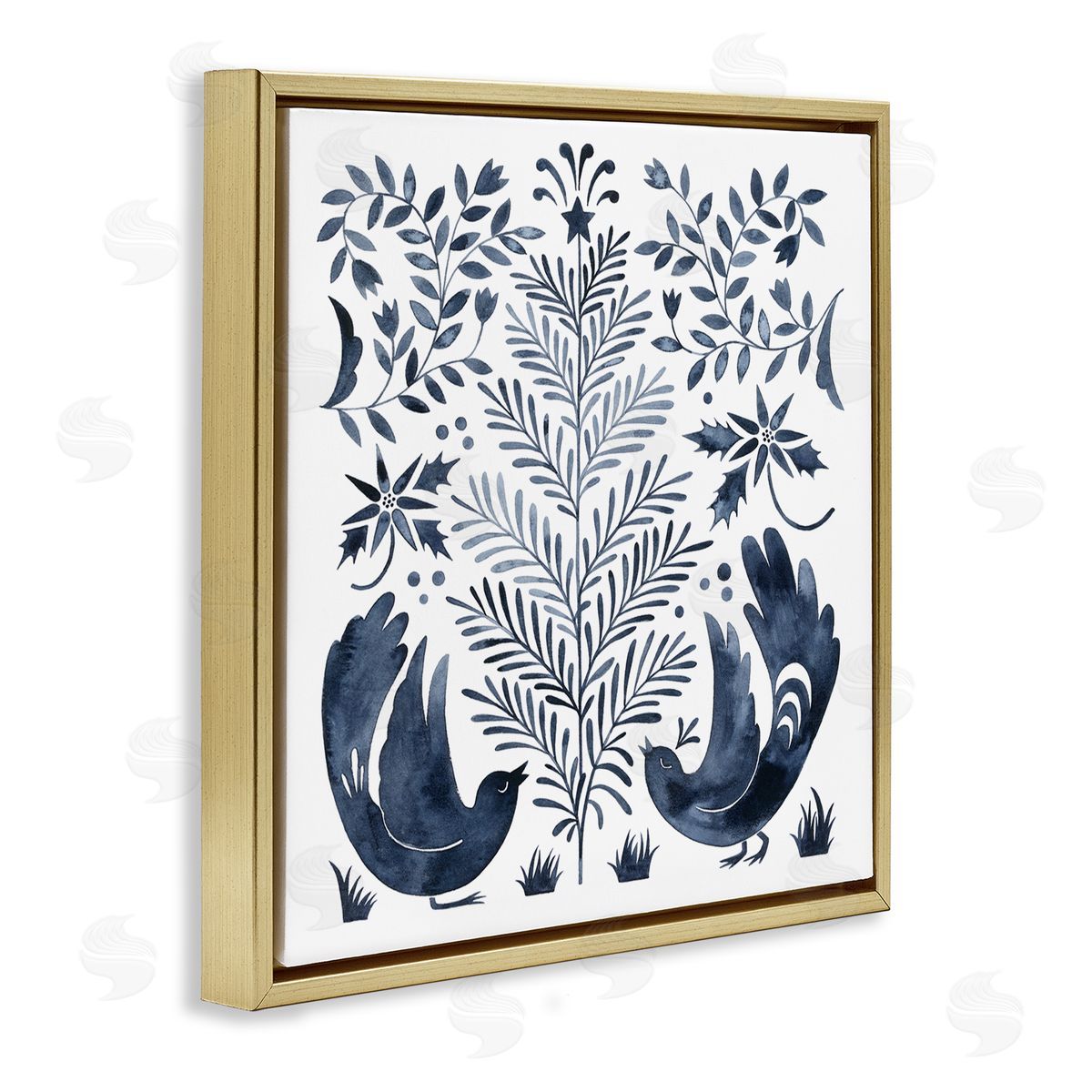 Grace Popp Tranquil Blue Birds Botanical Holiday Tree Design  Gold Floating Frame Canvas Wall Art Print