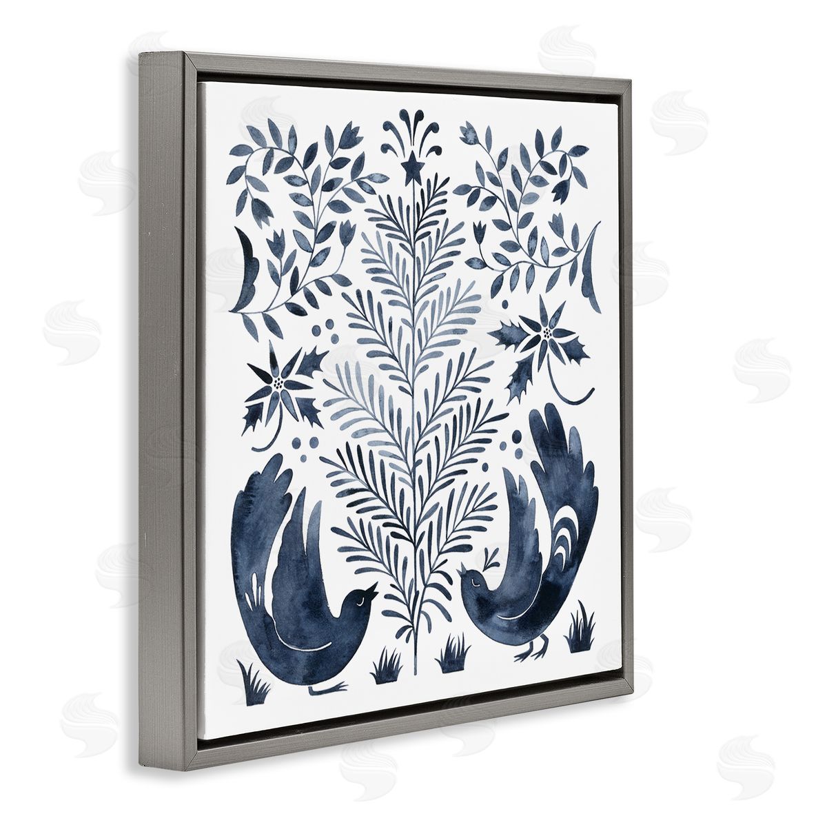 Grace Popp Tranquil Blue Birds Botanical Holiday Tree Design  Gray Floating Frame Canvas Wall Art Print