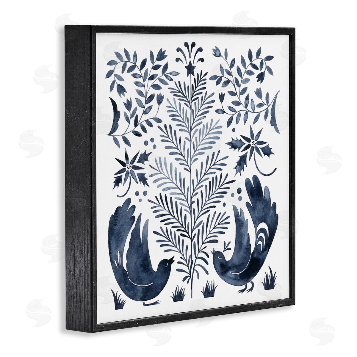 Grace Popp Tranquil Blue Birds Botanical Holiday Tree Design  Black Framed Glicee Wall Art Print