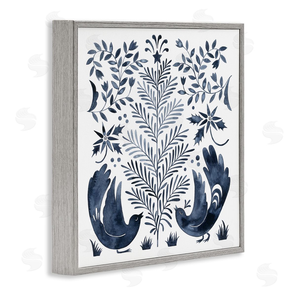 Grace Popp Tranquil Blue Birds Botanical Holiday Tree Design  Gray Framed Glicee Wall Art Print
