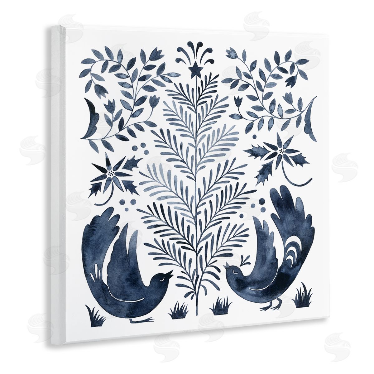 Grace Popp Tranquil Blue Birds Botanical Holiday Tree Design  Wooden Wall Plaque Art Print