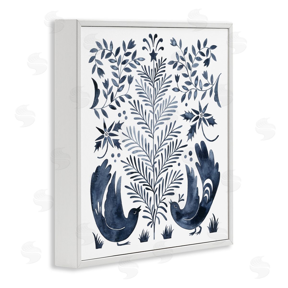 Grace Popp Tranquil Blue Birds Botanical Holiday Tree Design  White Framed Glicee Wall Art Print