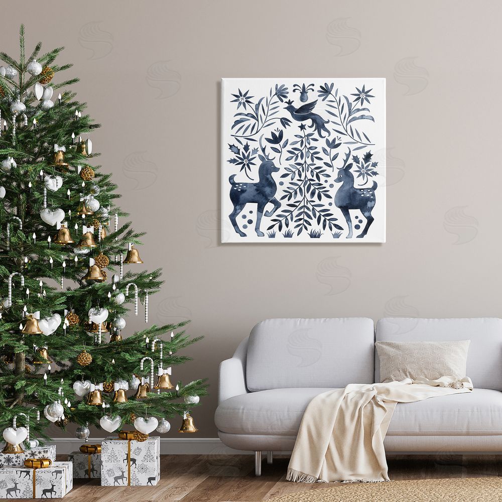 Grace Popp Festive Deer Dove Christmas Tree Botanicals Leaves Canvas Wall Art in Room