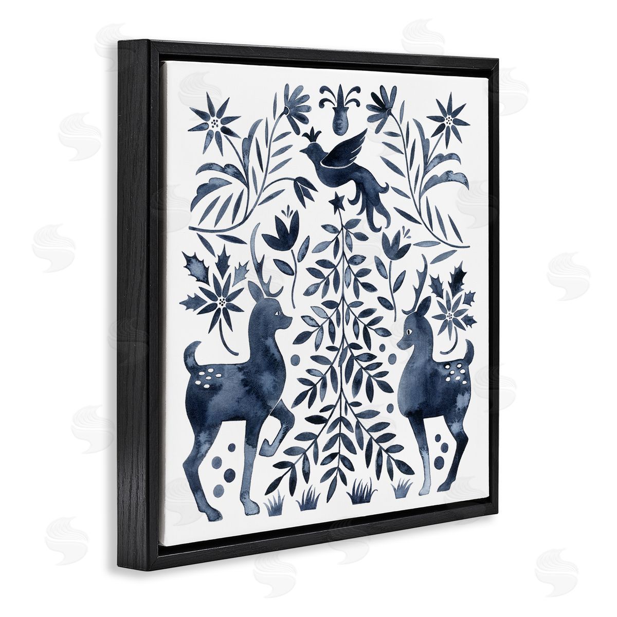 Grace Popp Festive Deer Dove Christmas Tree Botanicals Leaves Black Floating Frame Canvas Wall Art Print