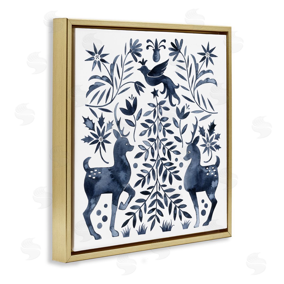 Grace Popp Festive Deer Dove Christmas Tree Botanicals Leaves Gold Floating Frame Canvas Wall Art Print