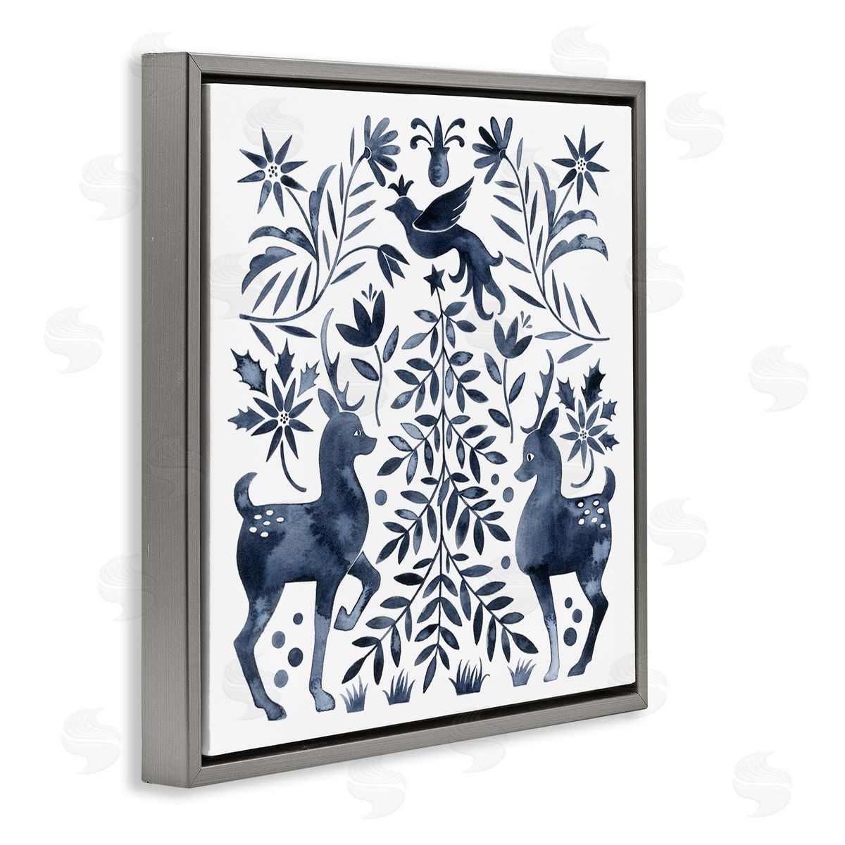 Grace Popp Festive Deer Dove Christmas Tree Botanicals Leaves Gray Floating Frame Canvas Wall Art Print