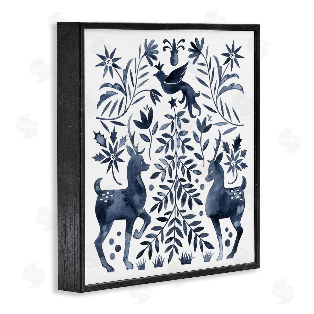 Grace Popp Festive Deer Dove Christmas Tree Botanicals Leaves Black Framed Glicee Wall Art Print