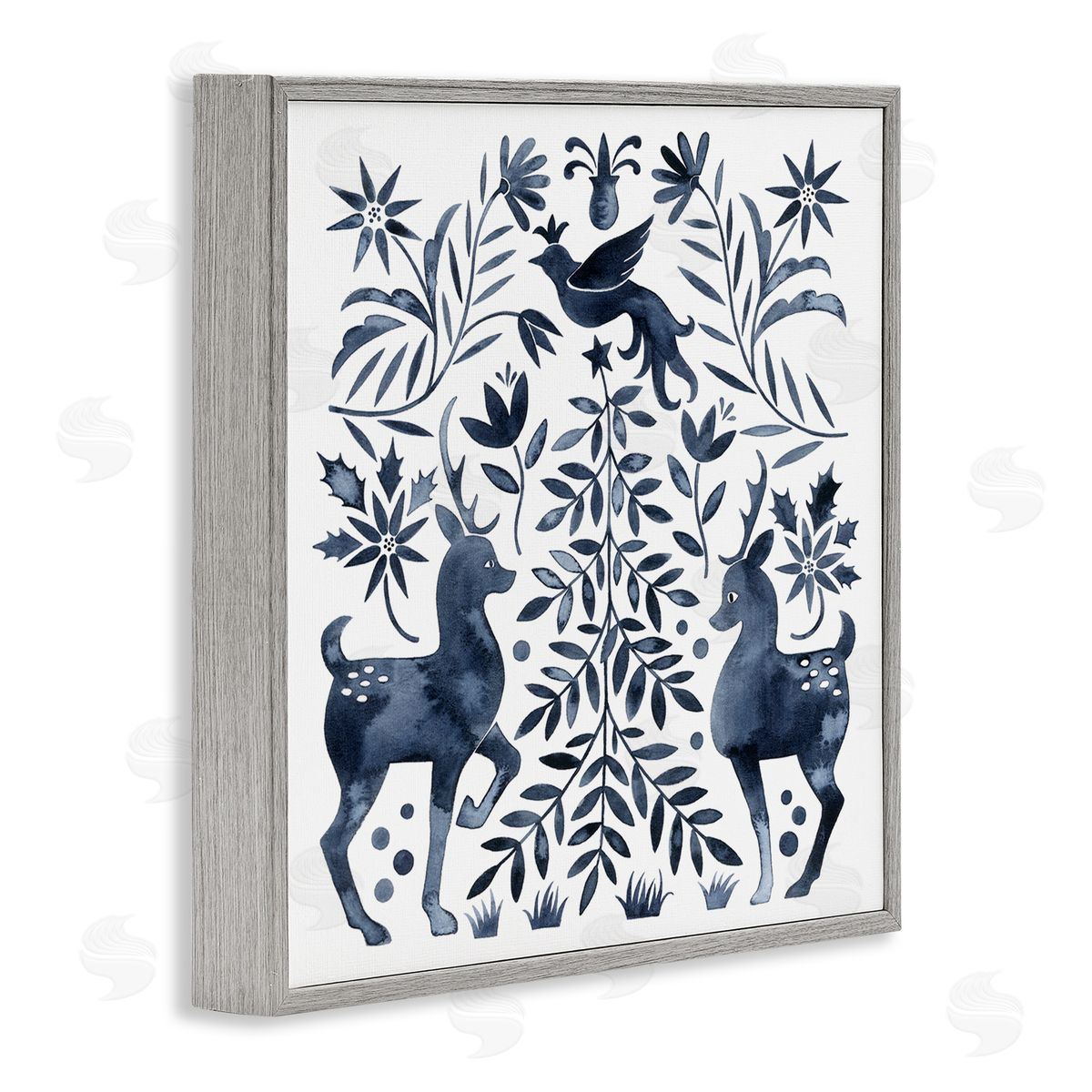 Grace Popp Festive Deer Dove Christmas Tree Botanicals Leaves Gray Framed Glicee Wall Art Print