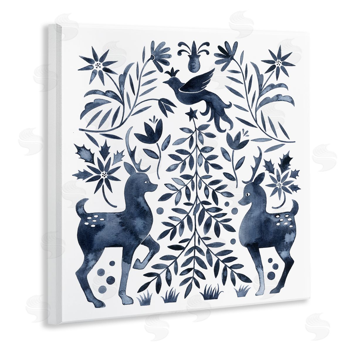 Grace Popp Festive Deer Dove Christmas Tree Botanicals Leaves Wooden Wall Plaque Art Print