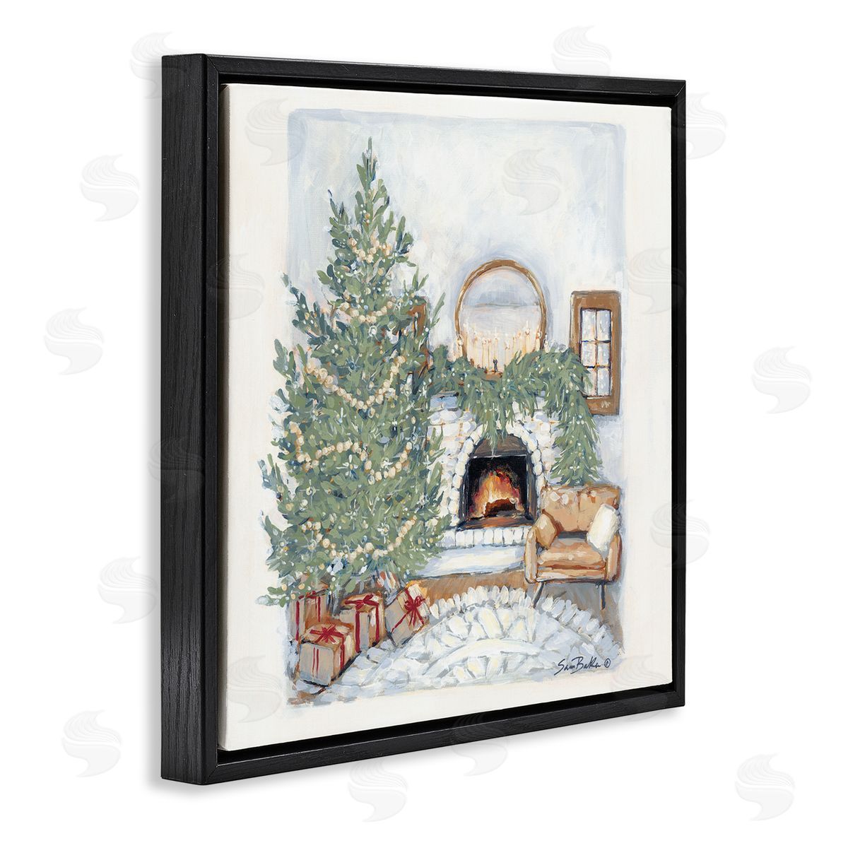 Sara Baker Cozy Christmas Night Gifts Decorated Fireplace Hearth Black Floating Frame Canvas Wall Art Print