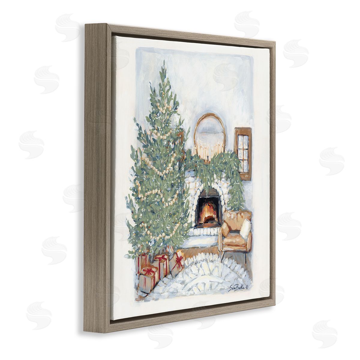 Sara Baker Cozy Christmas Night Gifts Decorated Fireplace Hearth Brown Floating Frame Canvas Wall Art Print
