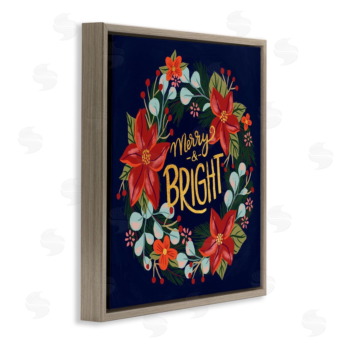 Deborah Curiel Merry And Bright Calligraphy Floral Poinsettia Wreath Brown Floating Frame Canvas Wall Art Print