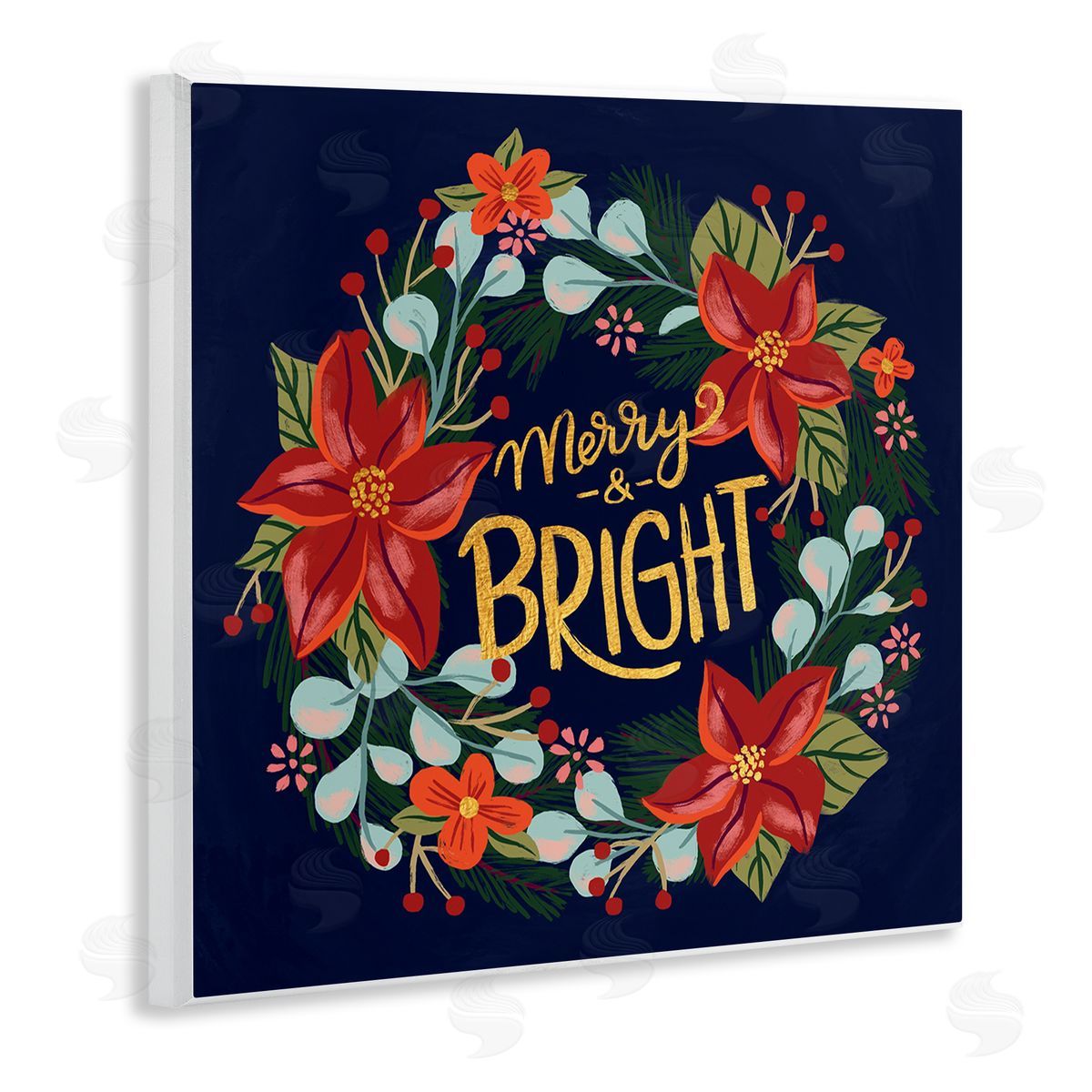 Deborah Curiel Merry And Bright Calligraphy Floral Poinsettia Wreath Wooden Wall Plaque Art Print