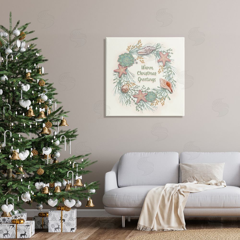 Darlene Seale Warm Christmas Greetings Beach Shells Themed Wreath Canvas Wall Art in Room