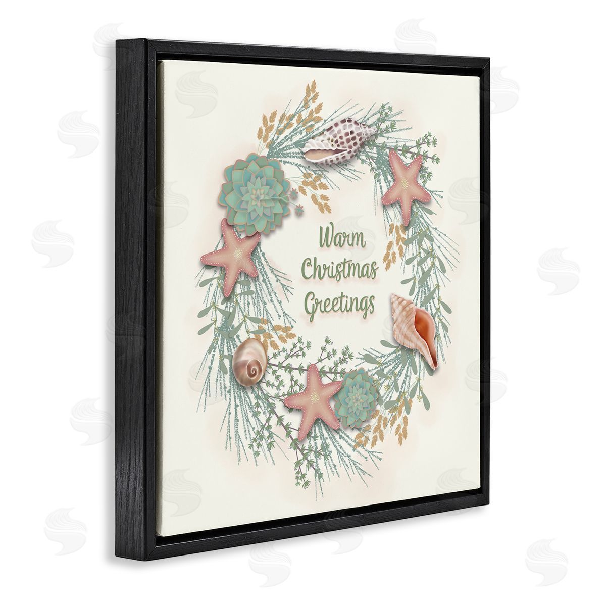 Darlene Seale Warm Christmas Greetings Beach Shells Themed Wreath Black Floating Frame Canvas Wall Art Print