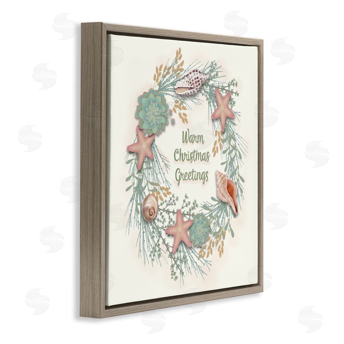 Darlene Seale Warm Christmas Greetings Beach Shells Themed Wreath Brown Floating Frame Canvas Wall Art Print