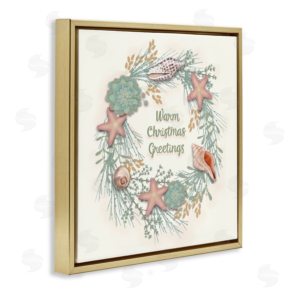 Darlene Seale Warm Christmas Greetings Beach Shells Themed Wreath Gold Floating Frame Canvas Wall Art Print
